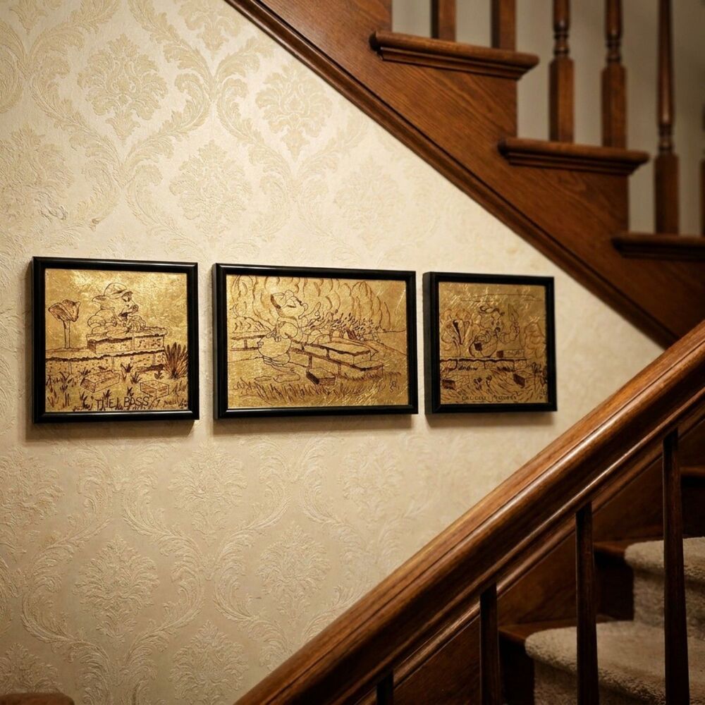 Three Little Pigs Etched Gold Foil Wall Art Framed